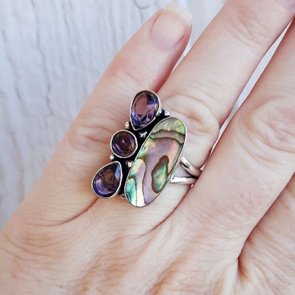 New Abalone Shell and Amethyst 925 Silver Ring. - Picture 3 of 7